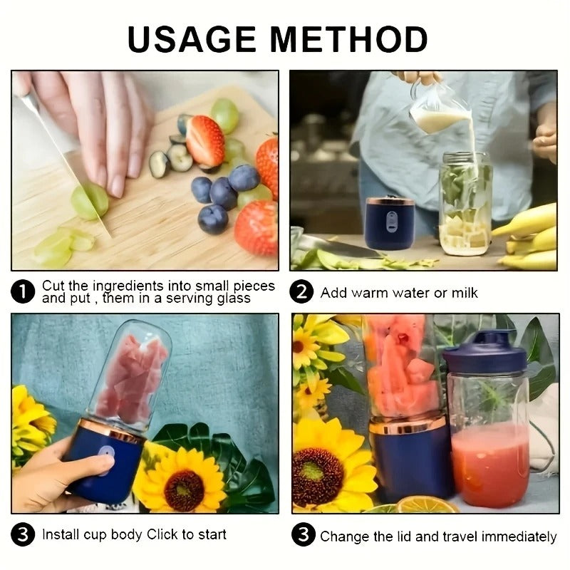 6-Blade Portable Mini Blender – USB Rechargeable High-Speed Smoothie & Juice Maker